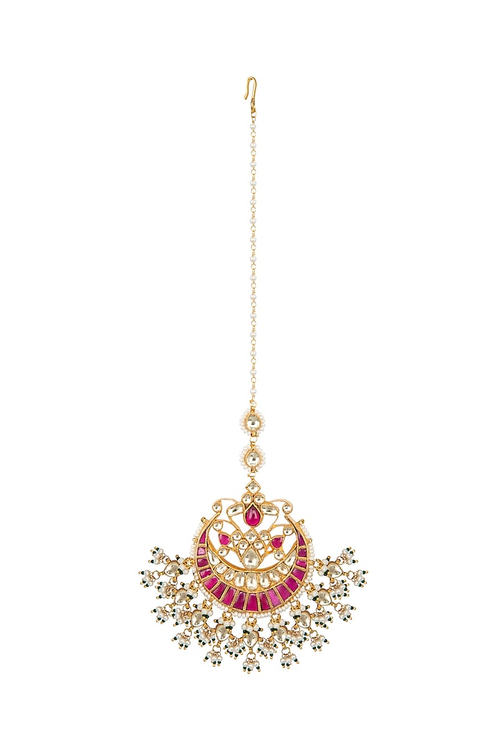 Gold Finish Red Kundan & Pearls Bridal Maang Tikka by Belsi's Jewellery