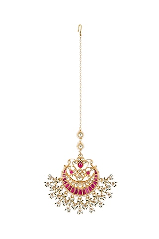 Gold Finish Red Kundan & Pearls Bridal Maang Tikka by Belsi's Jewellery