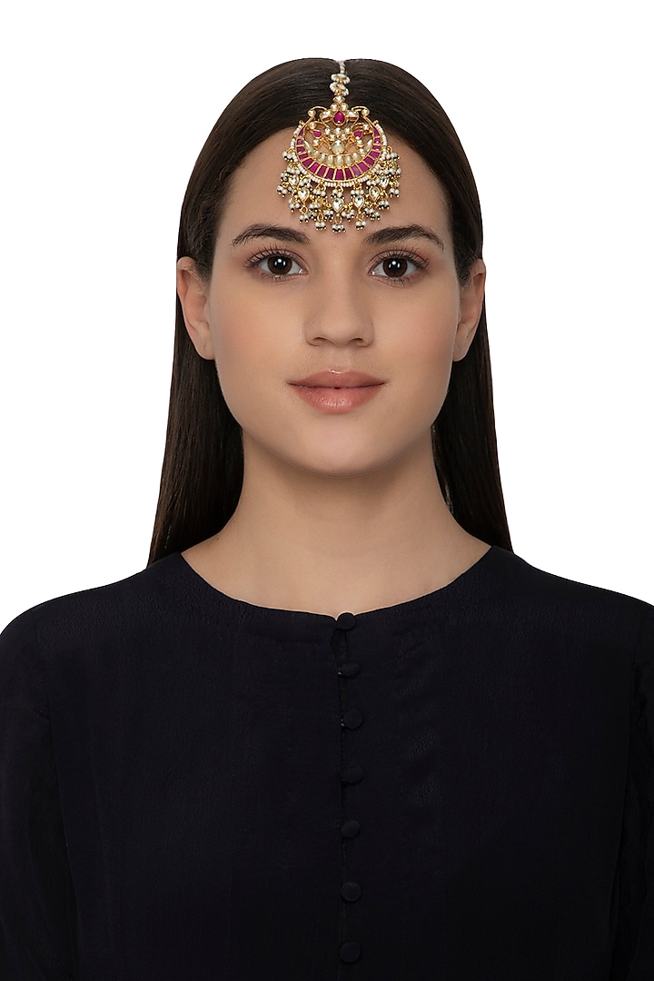 Gold Finish Red Kundan & Pearls Bridal Maang Tikka by Belsi's Jewellery at Pernia's Pop Up Shop