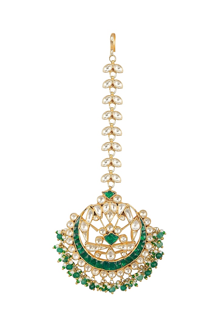 Gold Finish Green Kundan & Pearls Bridal Maang Tikka by Belsi's Jewellery