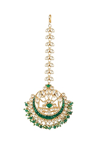Gold Finish Green Kundan & Pearls Bridal Maang Tikka by Belsi's Jewellery