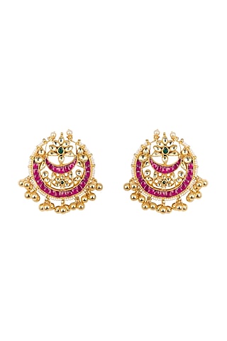 Gold Finish Red Kundan Stud Earrings by Belsi's Jewellery