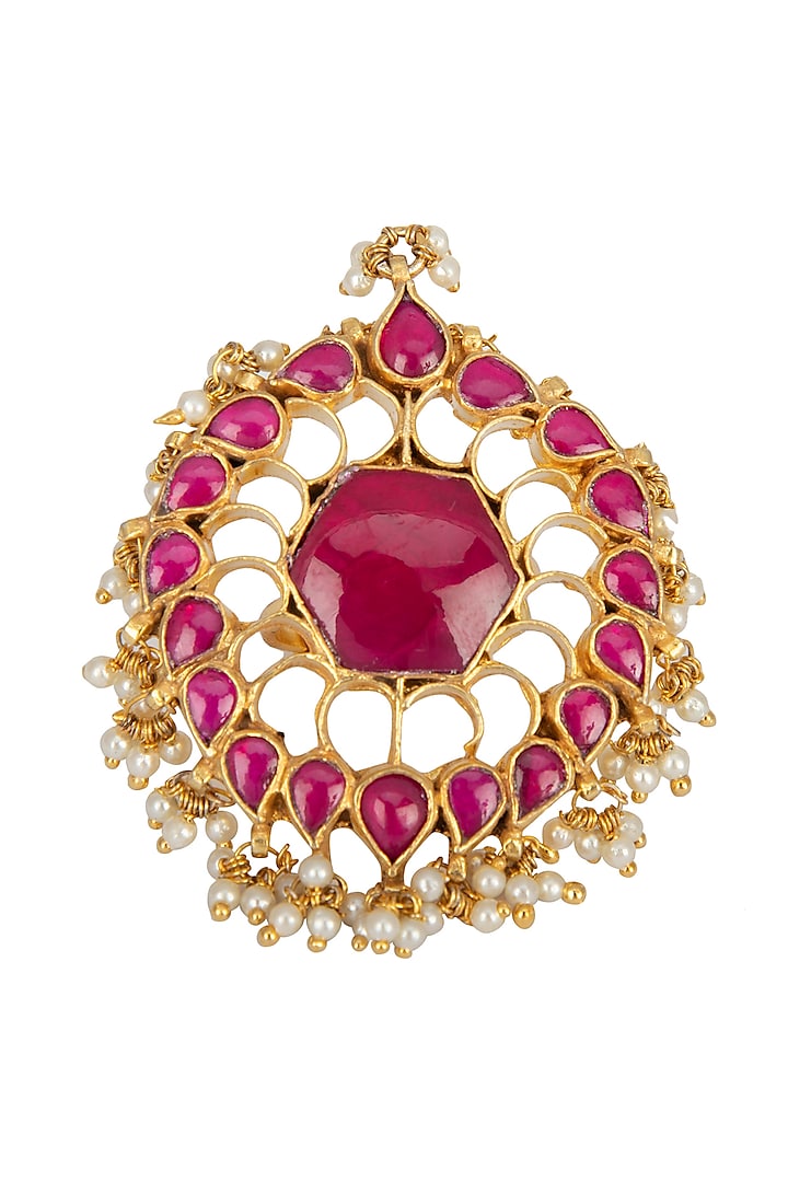 Gold Finish Ruby Red Kundan Floral Ring by Belsi's Jewellery