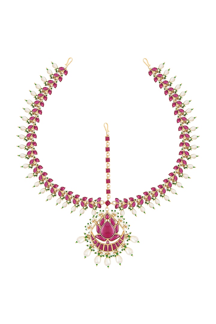 Gold Finish Kundan & Pearls Lotus Motif Bridal Matha Patti by Belsi's Jewellery