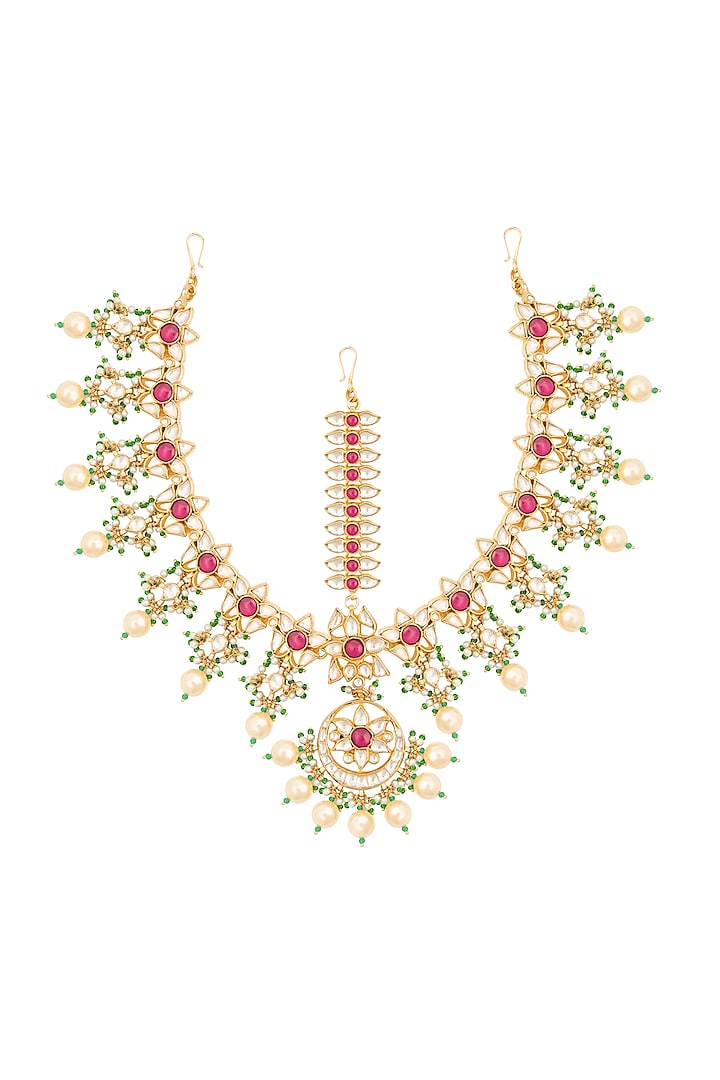 Gold Finish Kundan & Pearls Floral Motif Bridal Matha Patti by Belsi's Jewellery