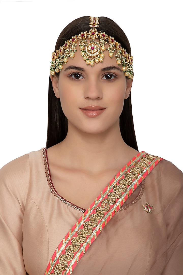 Gold Finish Kundan & Pearls Floral Motif Bridal Matha Patti by Belsi's Jewellery at Pernia's Pop Up Shop