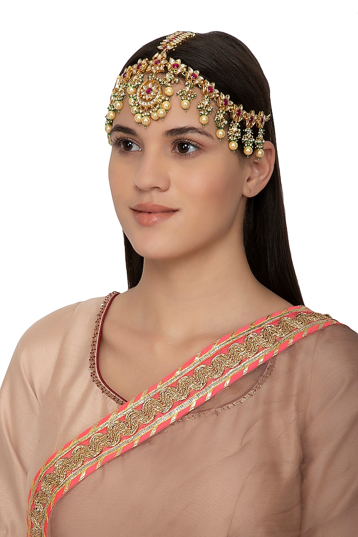 White and Gold Crescent Motif Kundan Mathapatti main image 1