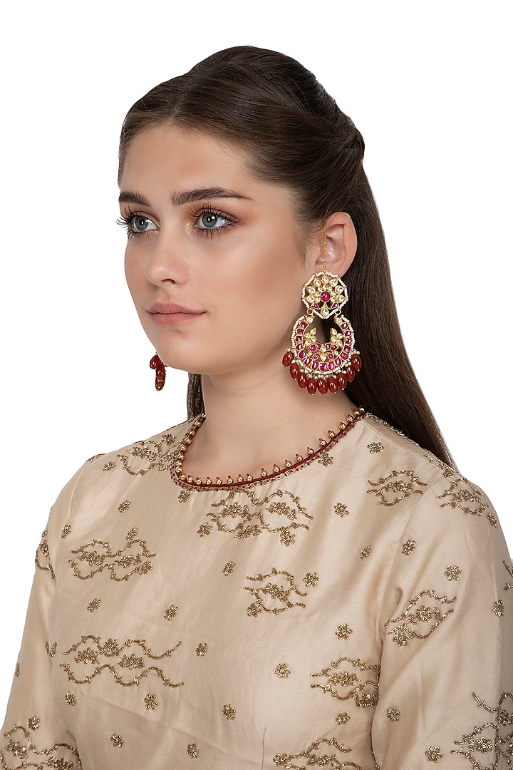 Gold Finish Red Kundan & Beads Chandbali Earrings by Belsi's Jewellery at Pernia's Pop Up Shop