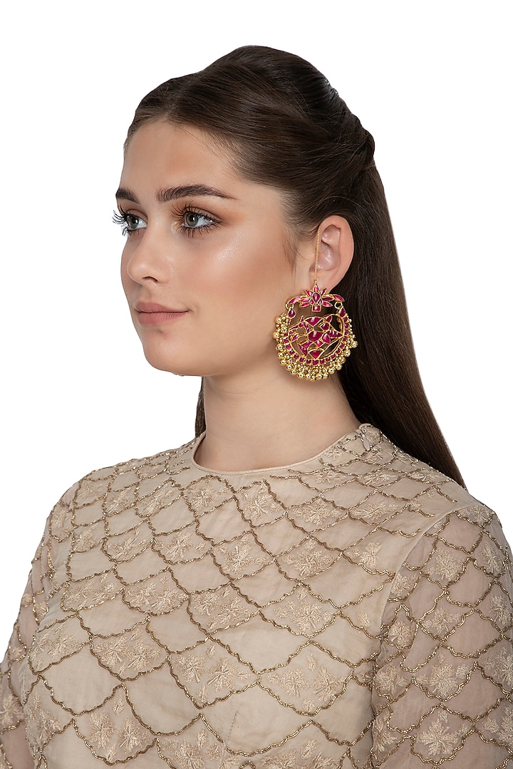 Gold Finish Red Kundan Bridal Chandbali Earrings by Belsi's Jewellery at Pernia's Pop Up Shop