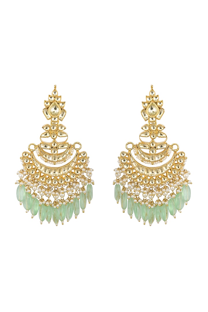 Gold Finish Kundan Mint Green Dangler Earrings by Belsi's Jewellery