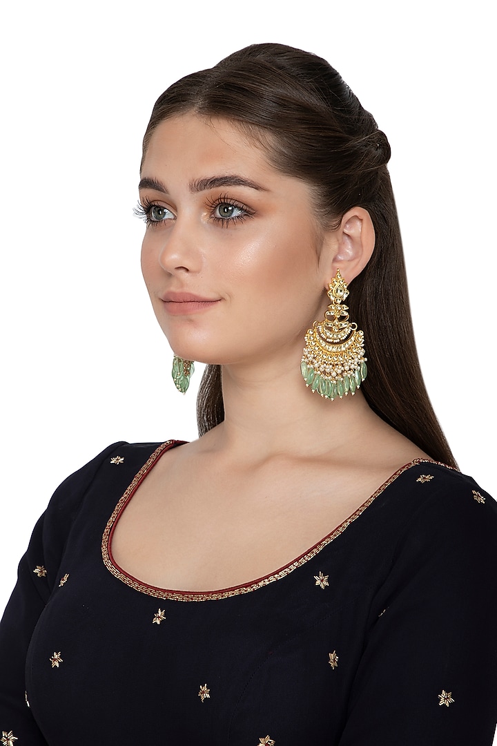 Gold Finish Kundan Mint Green Dangler Earrings by Belsi's Jewellery at Pernia's Pop Up Shop