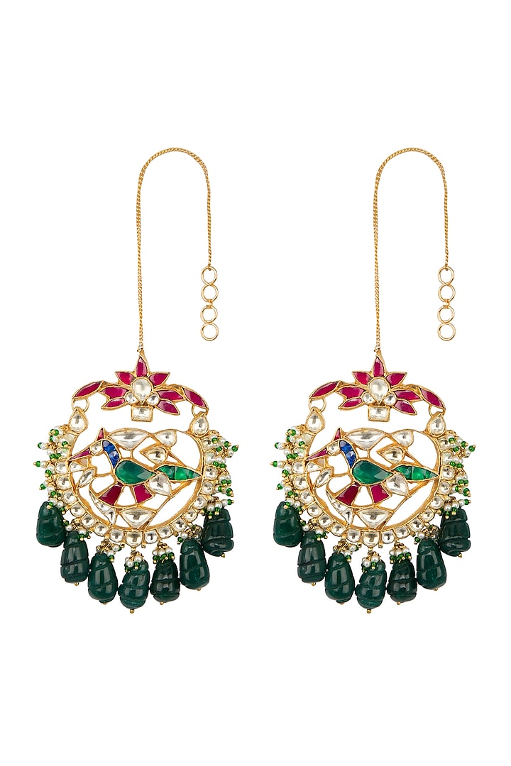 Gold Finish Multi Colored Kundan Peacock Chandbali Earrings by Belsi's Jewellery