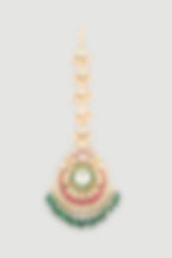 Gold Finish Maang Tikka With Green Beads by Belsi's Jewellery