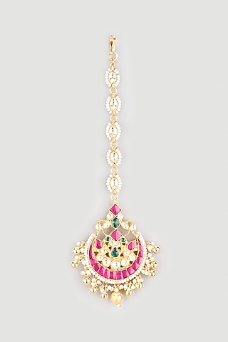 Gold Finish Kundan Polki Maang Tikka With Pearls by Belsi's Jewellery