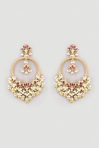 Gold Finish Kundan Polki Chandbali Earrings by Belsi's Jewellery