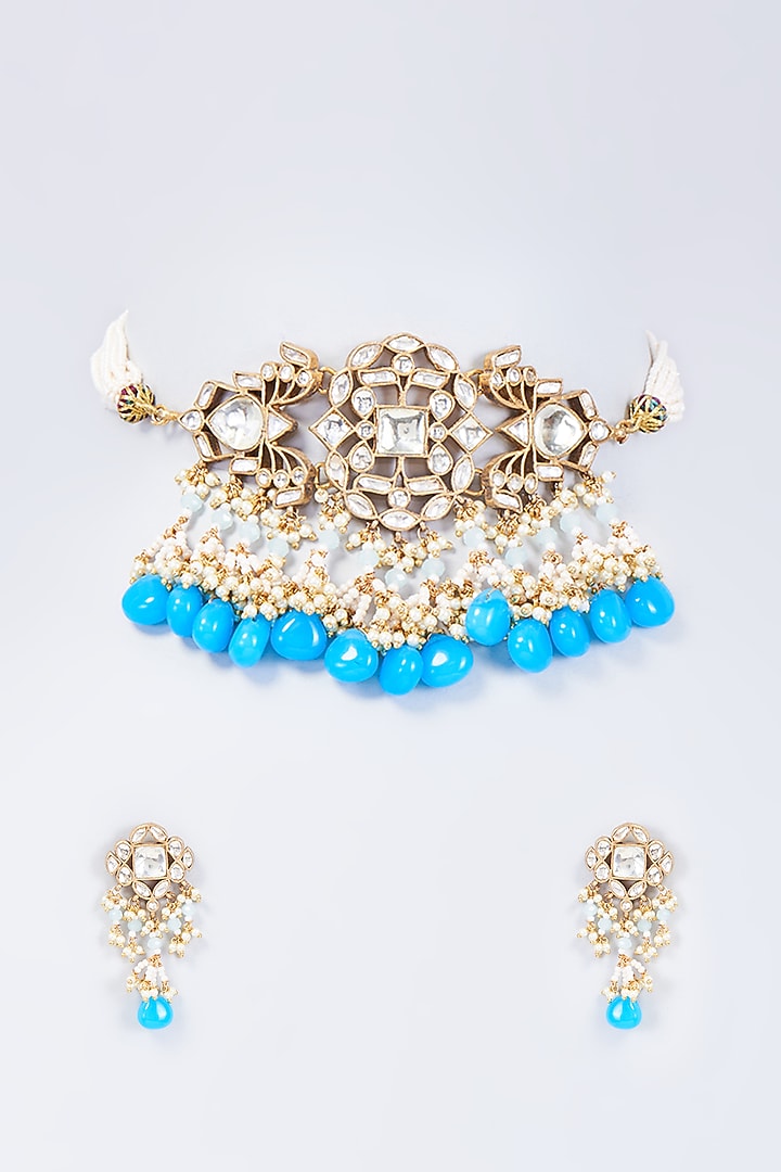 Gold Finish White Kundan Polki & Bead Choker Necklace Set by Belsi'S Jewellery at Pernia's Pop Up Shop