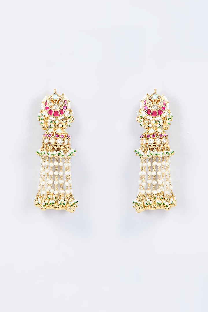 Gold Finish Multi-Colored Kundan Polki & Pearl Dangler Earrings by Belsi'S Jewellery