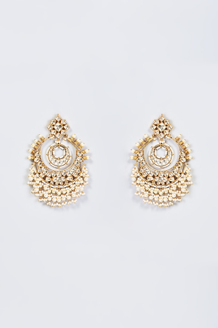 Gold Finish White Kundan Polki Chandbali Earrings by Belsi'S Jewellery