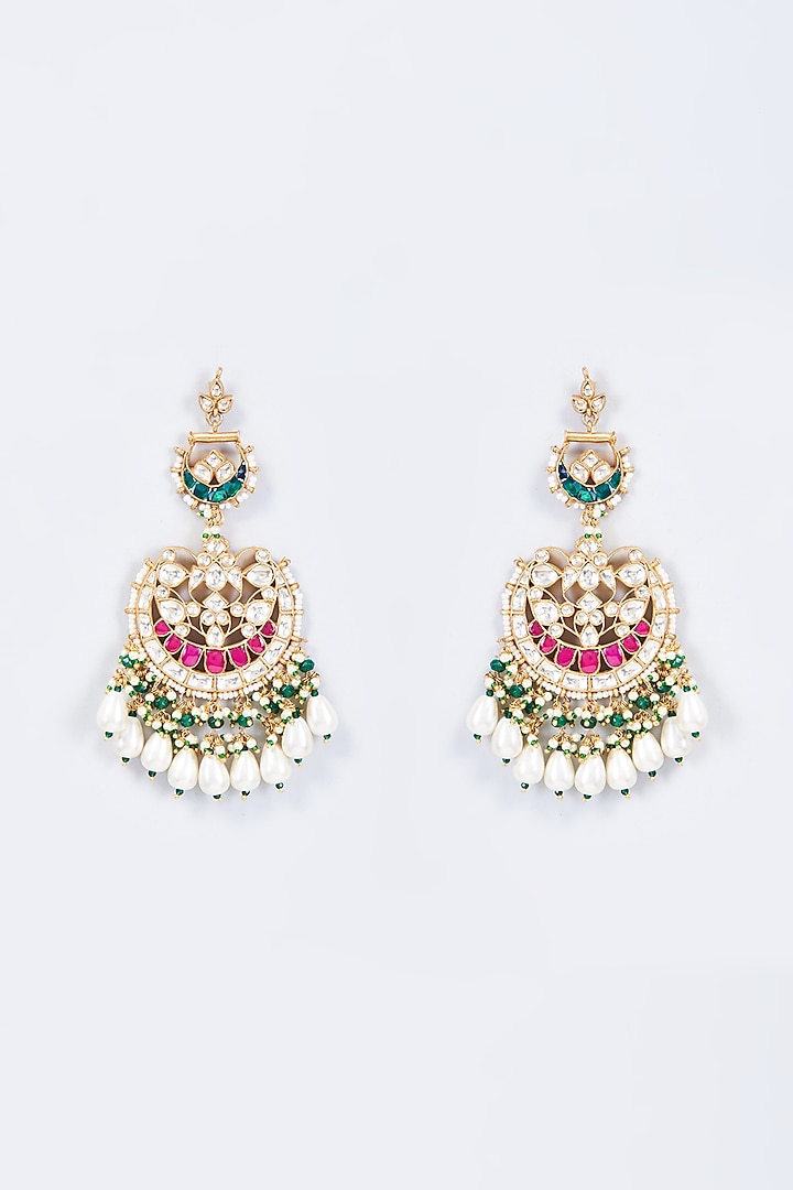 Gold Finish Multi-Colored Kundan Polki Chandbali Earrings by Belsi'S Jewellery