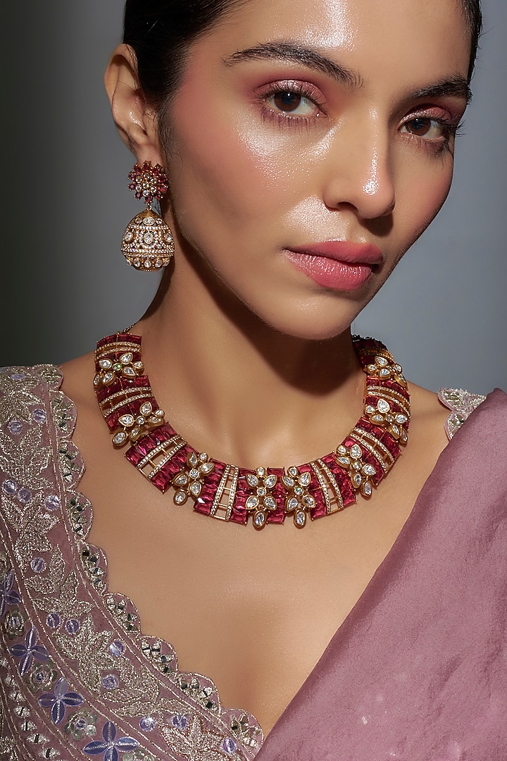 Gold Finish Pink Kundan Polki Necklace Set by Belsi'S Jewellery at Pernia's Pop Up Shop