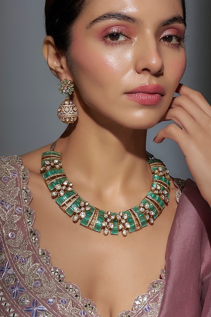 Gold Finish Green Kundan Polki Necklace Set by Belsi'S Jewellery at Pernia's Pop Up Shop