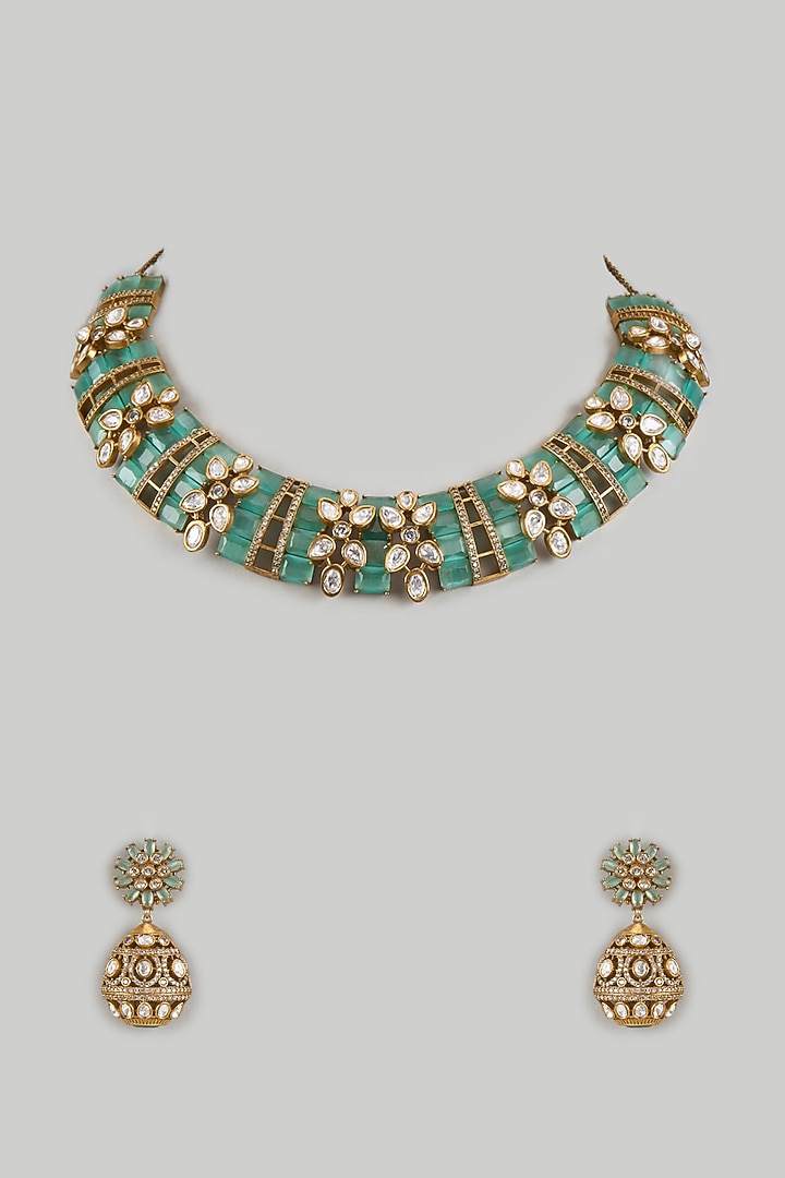 Gold Finish Green Kundan Polki Necklace Set by Belsi'S Jewellery at Pernia's Pop Up Shop