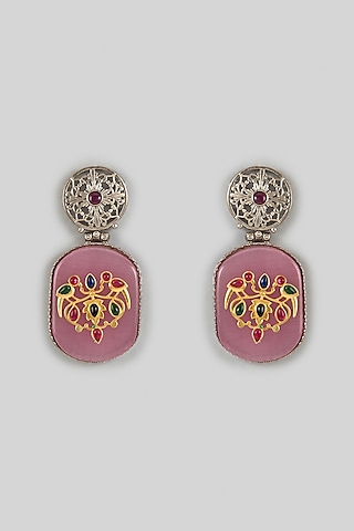 White Finish Kundan Polki & Pink Synthetic Stone Dangler Earrings by Belsi'S Jewellery