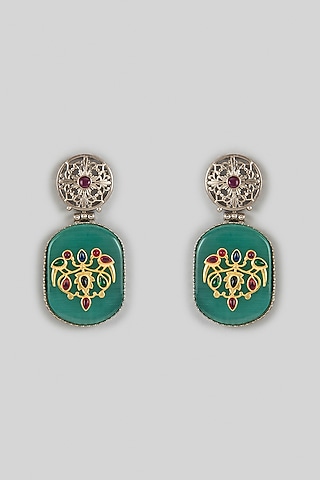 White Finish Kundan Polki & Green Synthetic Stone Dangler Earrings by Belsi'S Jewellery