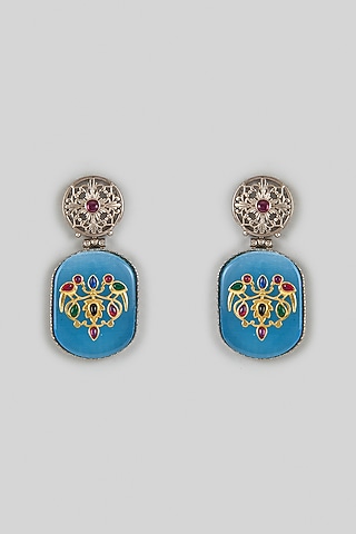White Finish Kundan Polki & Blue Synthetic Stone Dangler Earrings by Belsi'S Jewellery