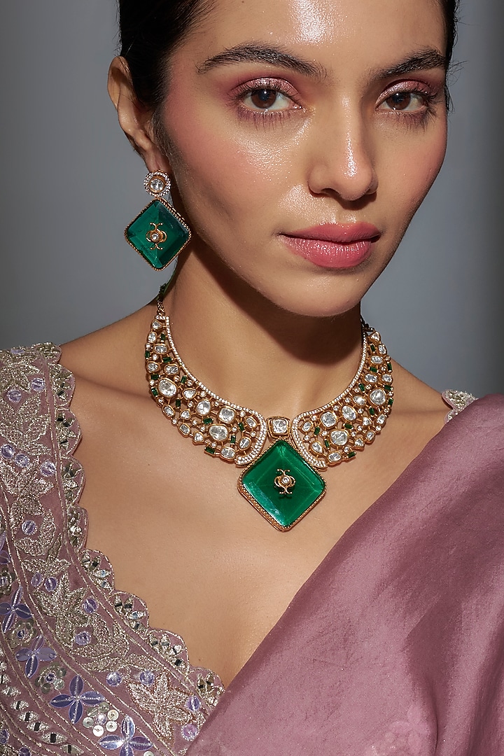 Gold Finish Green Kundan Polki Necklace Set by Belsi'S Jewellery at Pernia's Pop Up Shop