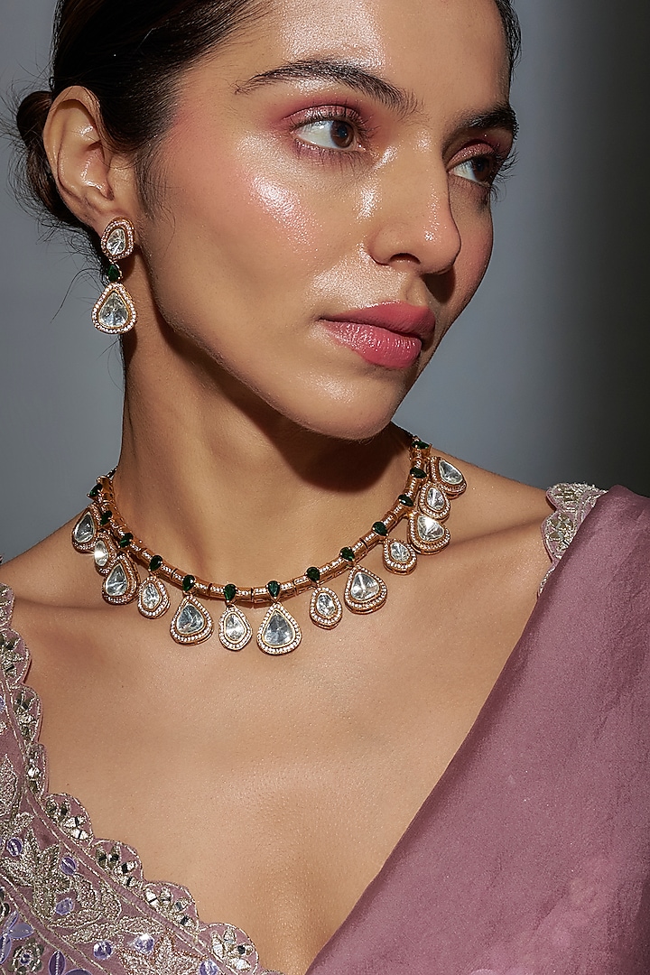 Gold Finish Green Kundan Polki Necklace Set by Belsi'S Jewellery at Pernia's Pop Up Shop