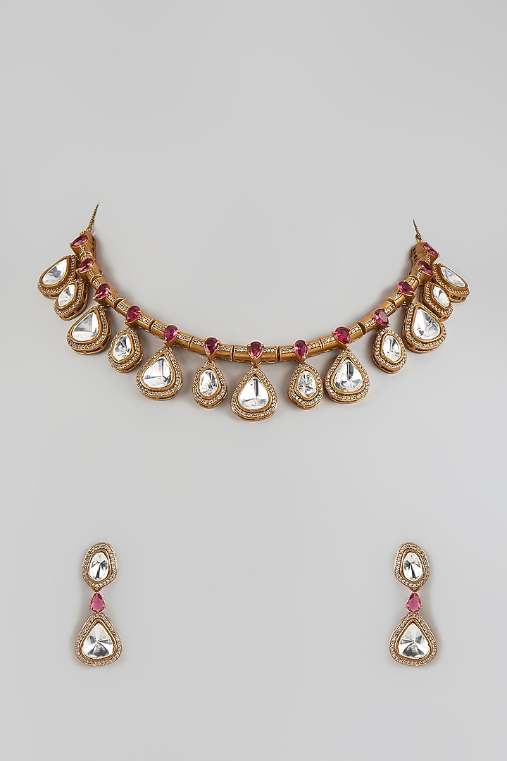 Gold Finish Pink Kundan Polki Necklace Set by Belsi'S Jewellery at Pernia's Pop Up Shop