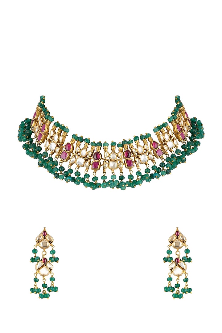 Gold Finish Kundan & Pearl Necklace Set by Belsi's Jewellery