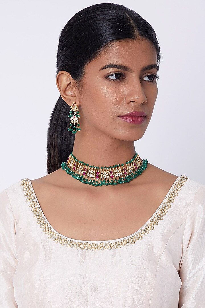 Gold Finish Kundan & Pearl Necklace Set by Belsi's Jewellery at Pernia's Pop Up Shop