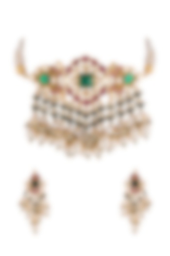 Gold Finish Kundan & Pearl Choker Necklace Set by Belsi's Jewellery