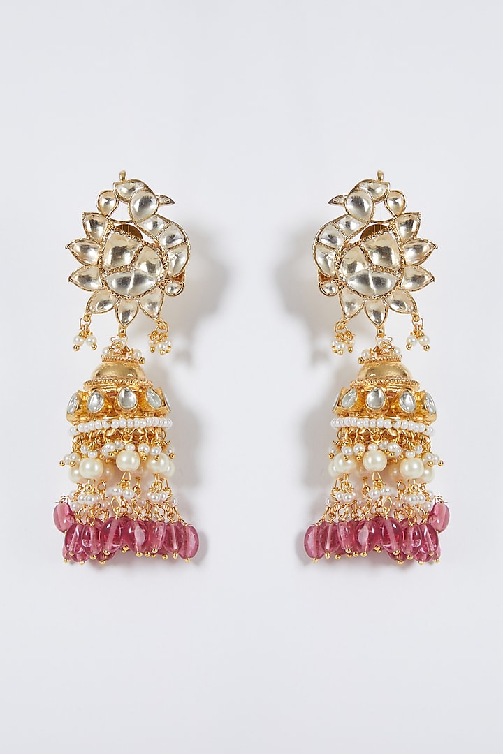 Gold Finish Kundan Peacock Jhumka Earrings by Belsi'S Jewellery