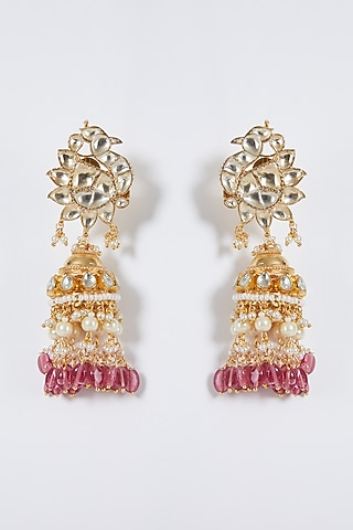 Gold Finish Kundan Peacock Jhumka Earrings by Belsi'S Jewellery
