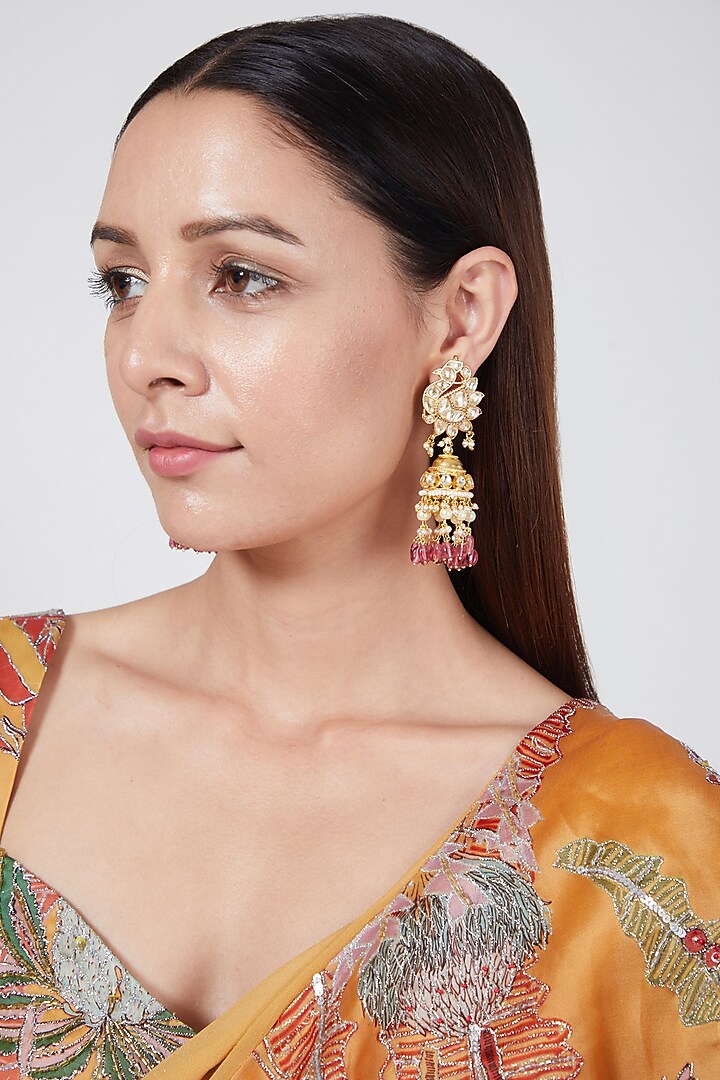 Gold Finish Kundan Peacock Jhumka Earrings by Belsi'S Jewellery at Pernia's Pop Up Shop