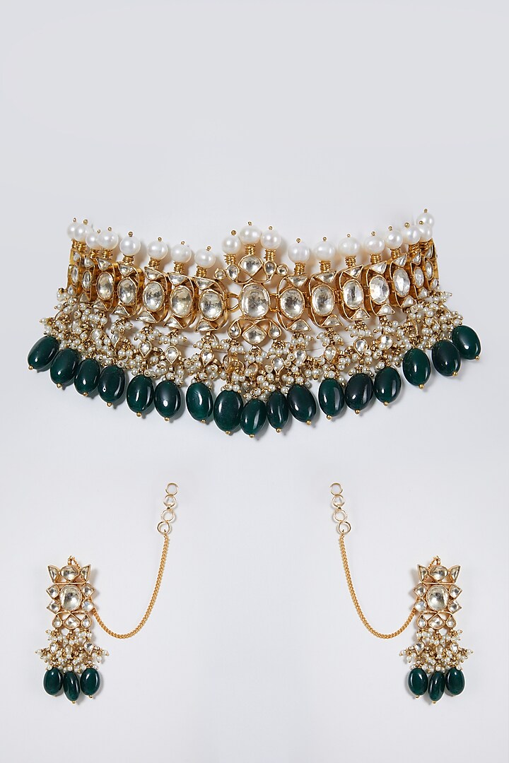 Gold Finish Green Drop Choker Necklace Set by Belsi'S Jewellery