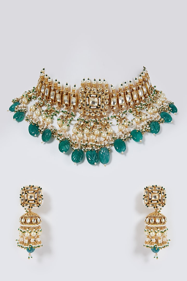 Gold Finish Jadau Choker Necklace Set by Belsi'S Jewellery