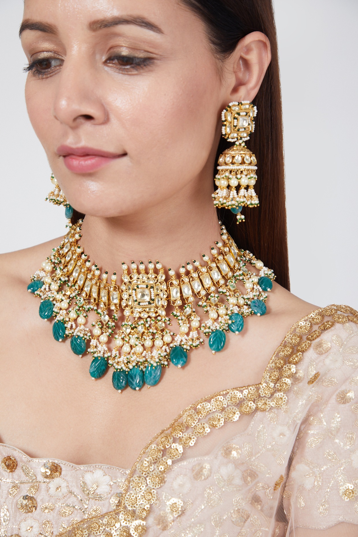Gold Finish Jadau Choker Necklace Set 