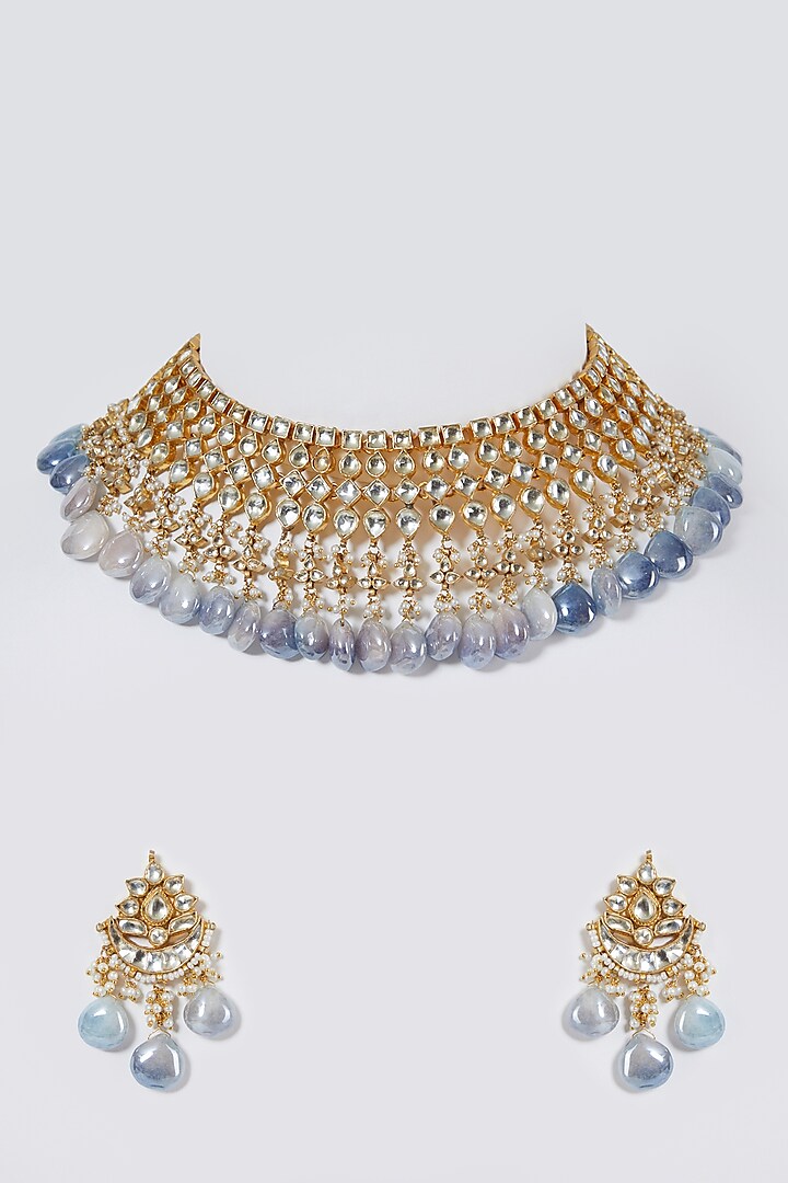 Gold Finish Blue Stone Necklace Set by Belsi'S Jewellery