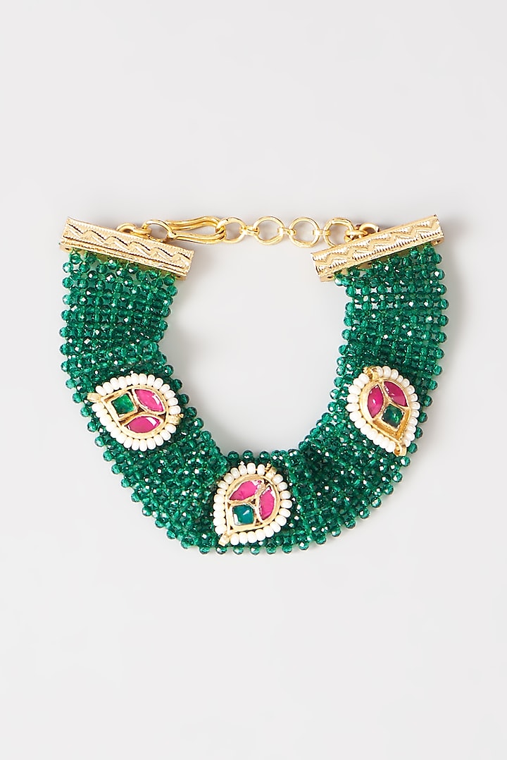 Gold Finish Green Moti Handcrafted Bracelet by Belsi's Jewellery