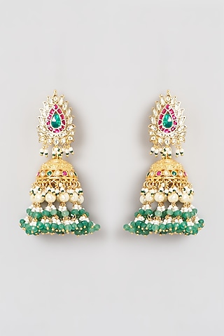 Gold Finish Kundan Polki & Pearl Dangler Earrings by Belsi's Jewellery