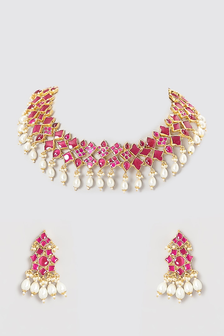 Gold Finish Kundan Polki & Pearl Choker Necklace Set by Belsi's Jewellery at Pernia's Pop Up Shop