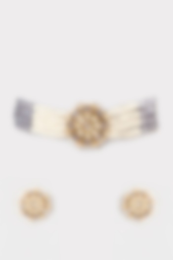 Gold Finish Grey Stone & Pearl Choker Necklace Set by Belsi's Jewellery at Pernia's Pop Up Shop