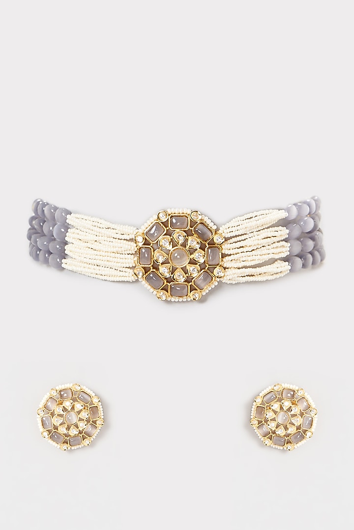 Gold Finish Grey Stone & Pearl Choker Necklace Set by Belsi's Jewellery at Pernia's Pop Up Shop