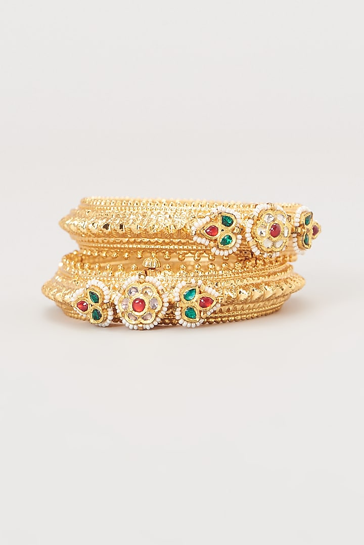 Gold Finish Kundan Polki Rajwadi Bangles (Set Of 2) by Belsi's Jewellery