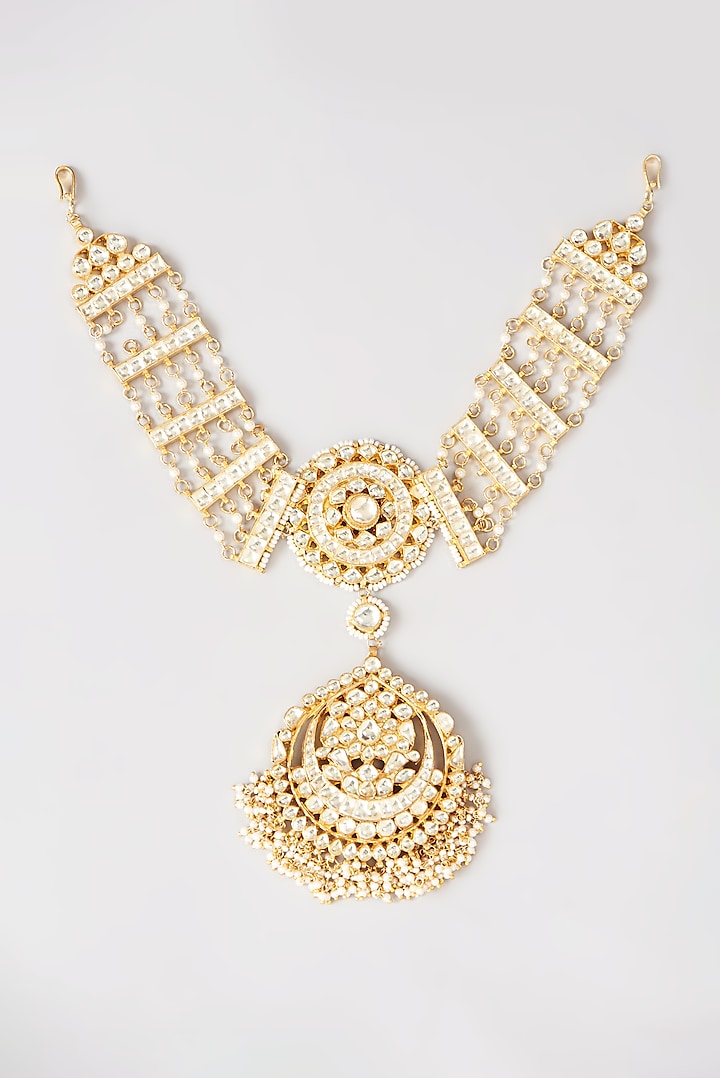 Gold Finish Kundan Polki & Pearl Drop Mathapatti by Belsi's Jewellery