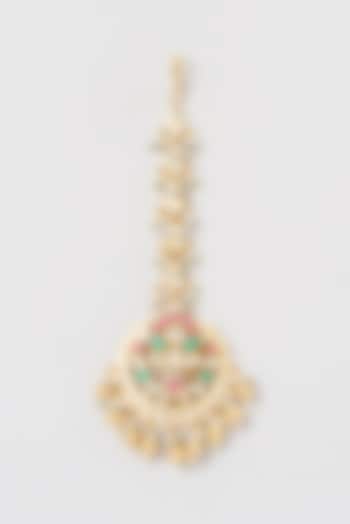 Gold Finish Kundan Polki & Pearl Maang Tikka by Belsi's Jewellery